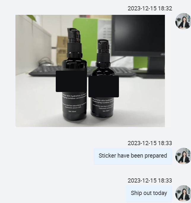 Photo of two finished serum bottle samples on the workbench with brand markings obscured, alongside a chat confirmation that stickers were prepared and the shipment went out same day