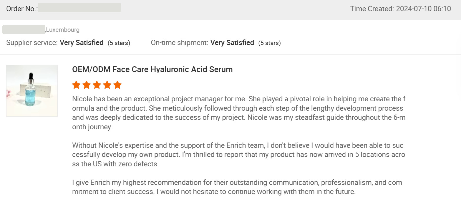 Five-star platform review from the client praising Nicole's project management support throughout the six-month development process, reporting the product has now shipped with zero defects to five US locations