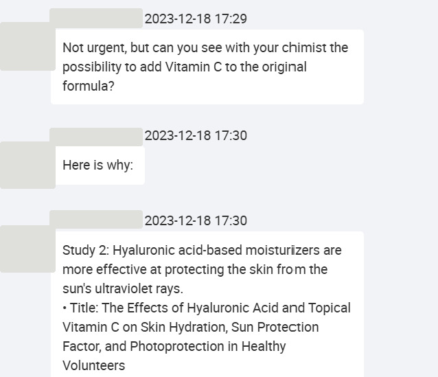 Chat screenshot of the client requesting a Vitamin C addition to the original formula, followed by a supporting research citation on hyaluronic acid and topical Vitamin C for skin hydration and sun protection