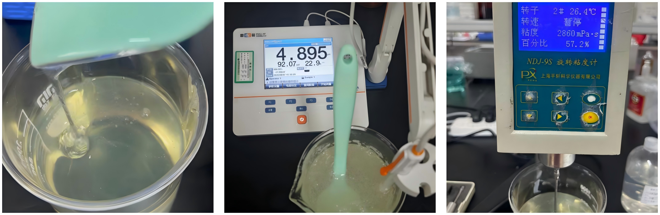 Three-panel image of the final reformulated body wash: pouring the clear sample, pH meter reading 4.895, and viscosity meter reading 2,860 mPa·s