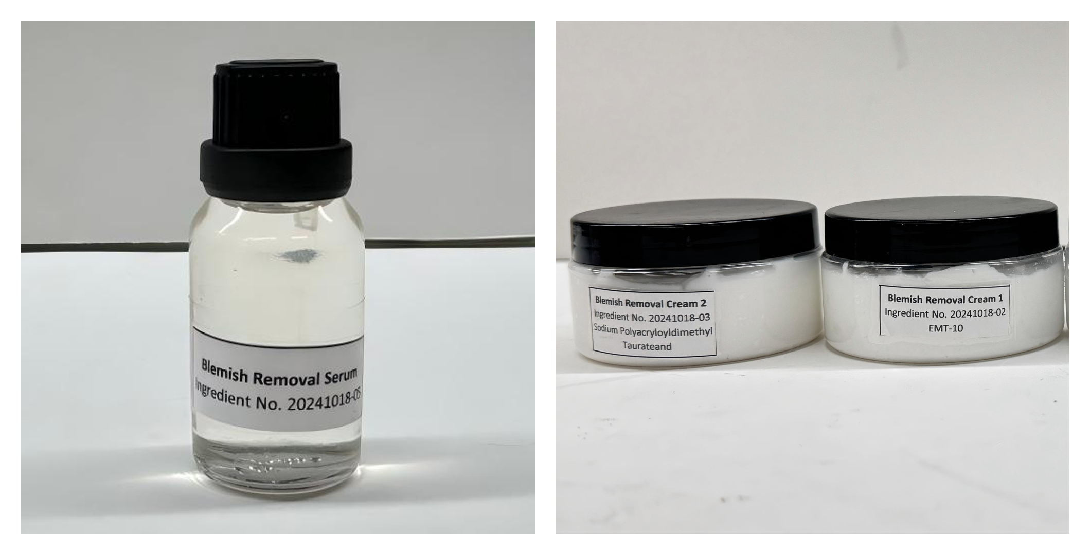 Early-stage azelaic acid samples: solvent-based serum beside suspension-cream formulations in labeled lab jars