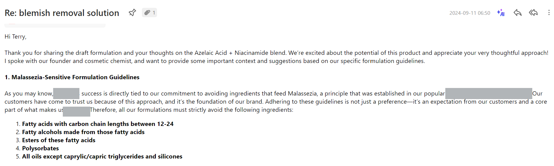 Client's Malassezia-safe formulation guidelines listing prohibited ingredient categories