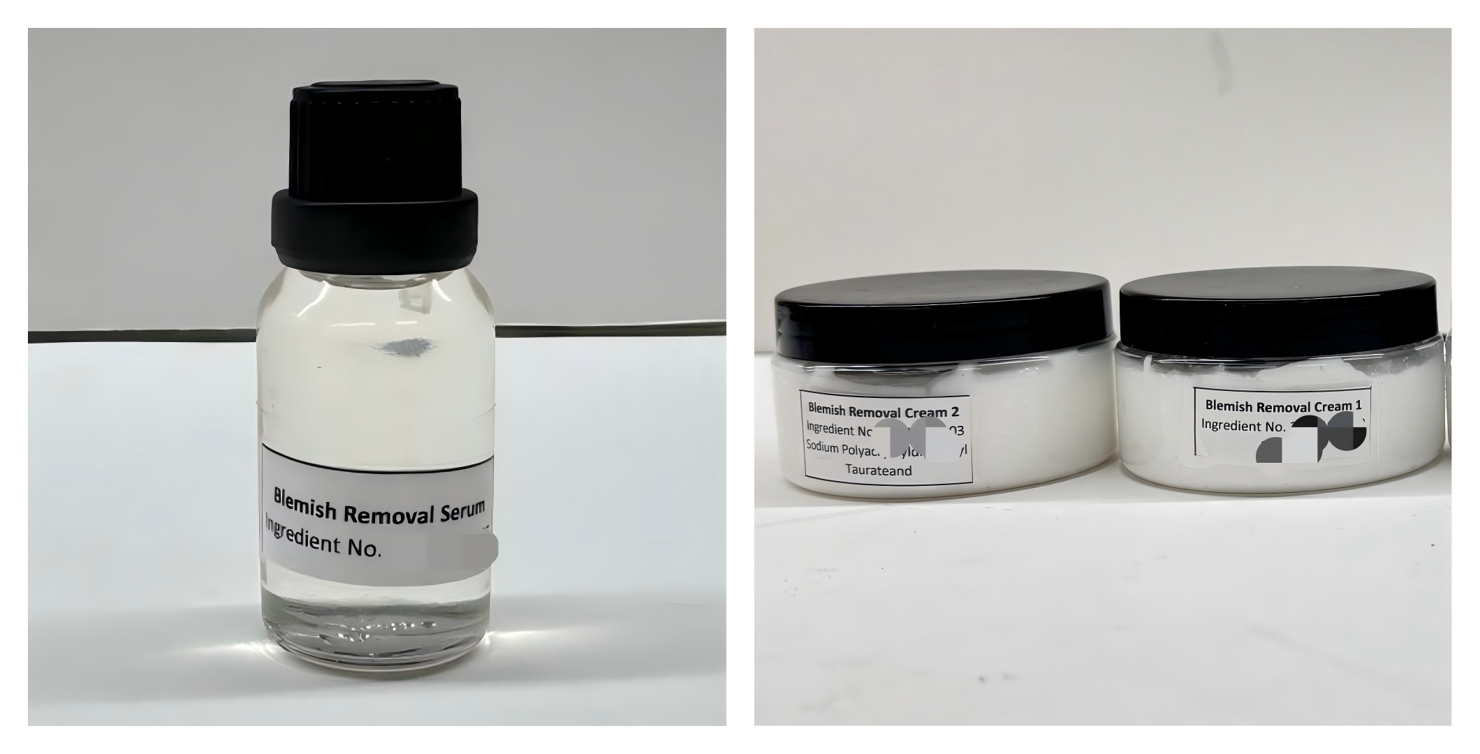 Early-stage azelaic acid samples: solvent-based serum beside suspension-cream formulations in labeled lab jars