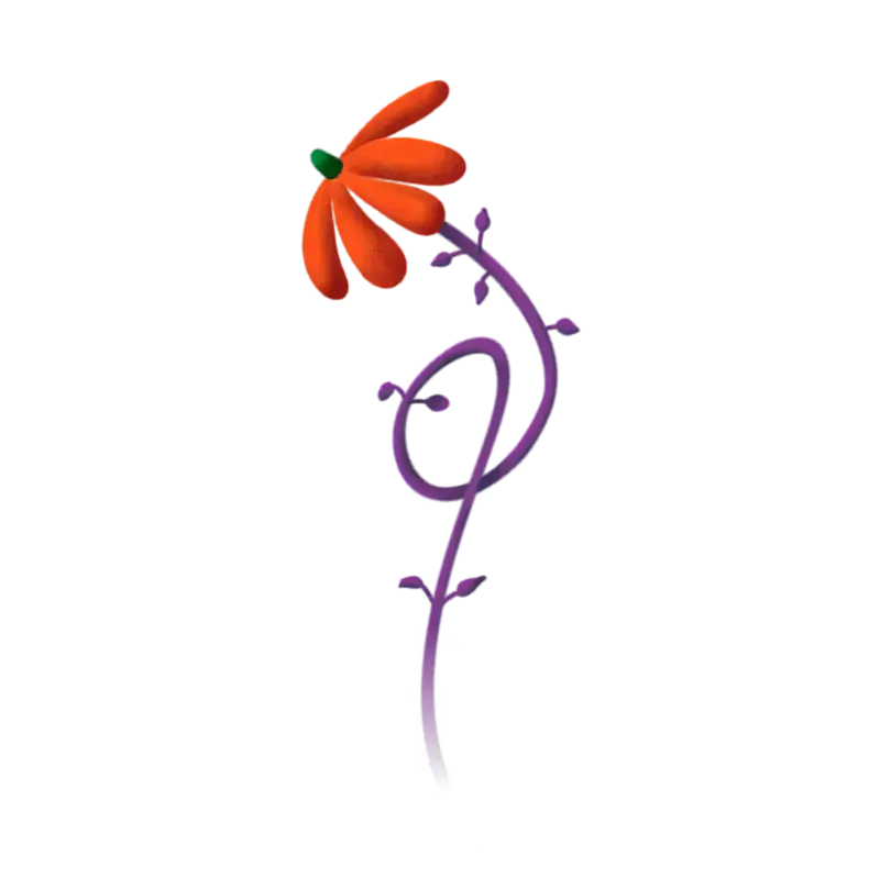 Single stylized orange flower with a green center on a curvy purple stem with small leaves.