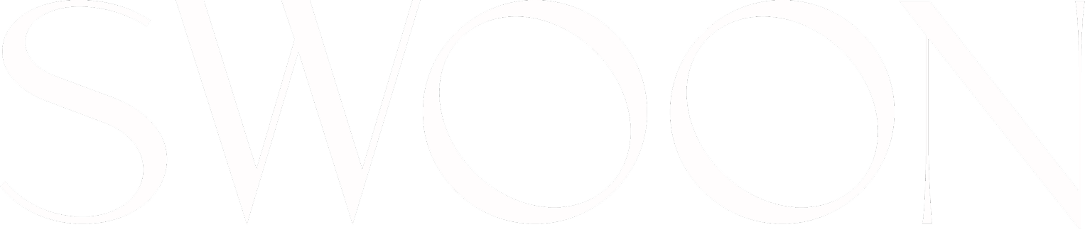 White word SWOON in a serif font on a black background.