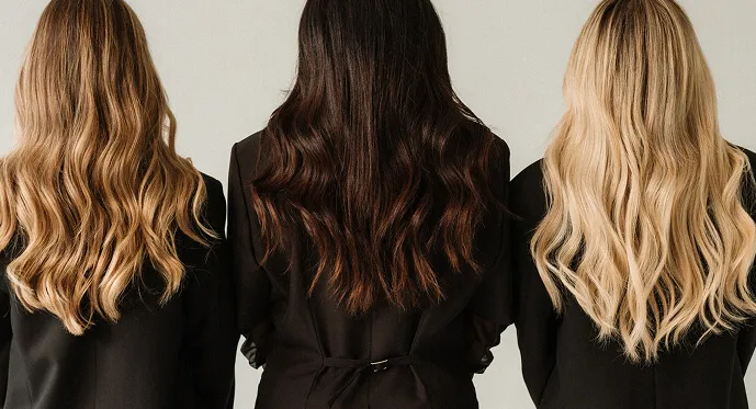Three women with wavy hair in blonde, brunette, and light blonde, wearing black tops, shown from the back.