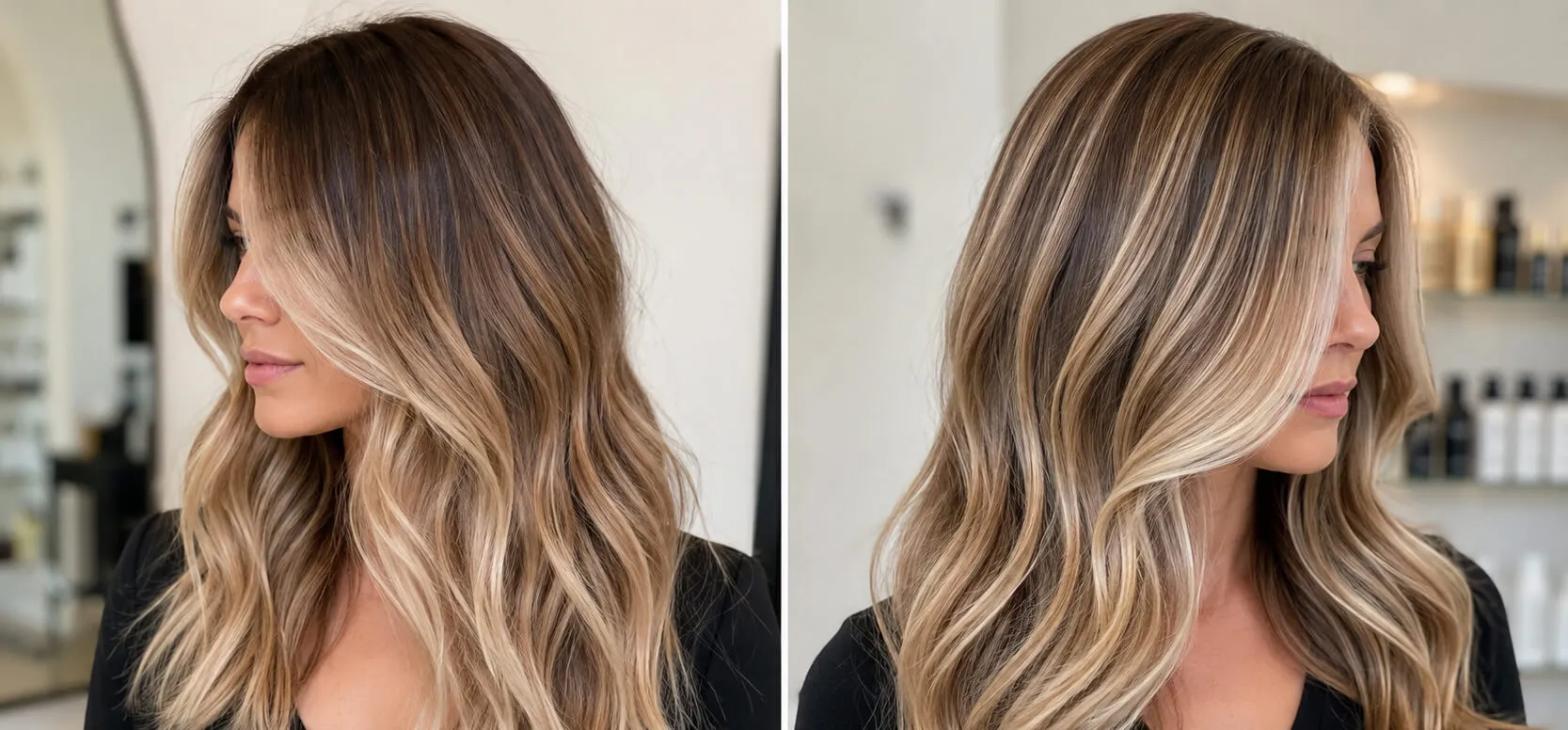 Side-by-side comparison of balayage and foil highlights showing the difference in blending and brightness.