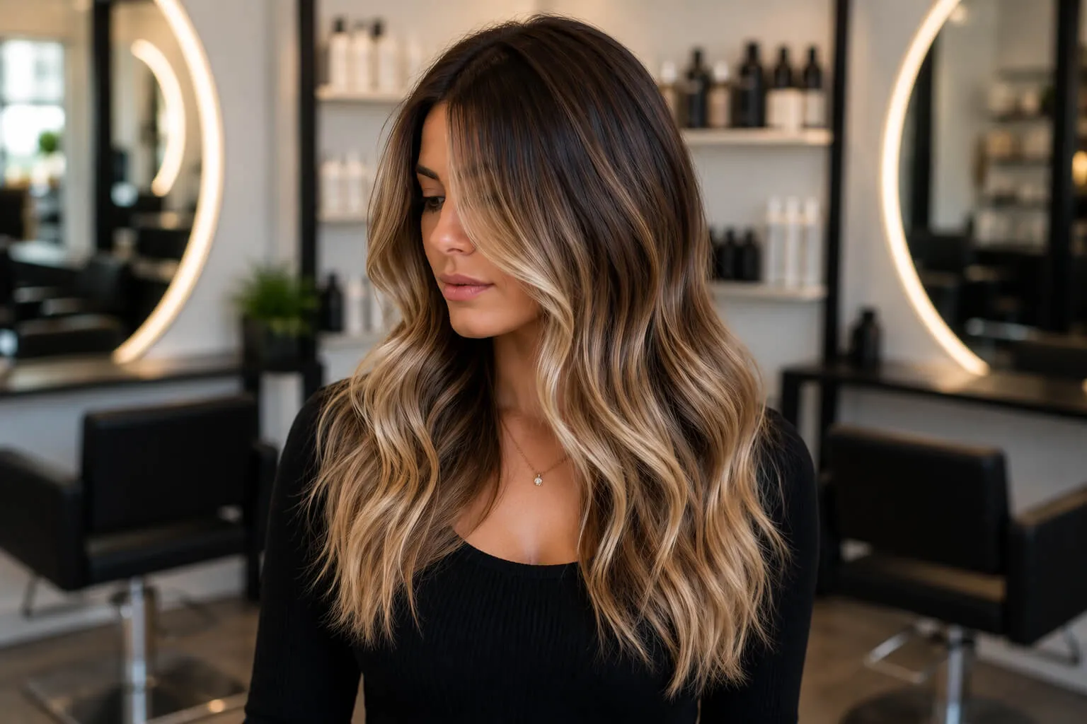 Model with lived-in blonde hair color created using a combination of balayage and highlight techniques.