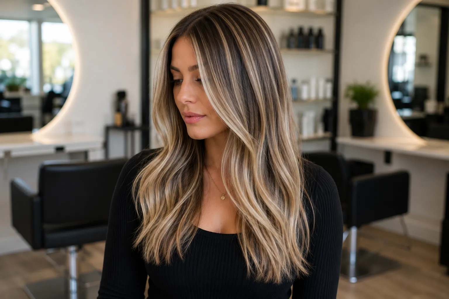 Model showcasing bright blonde foil highlights with dimensional color and face-framing pieces.