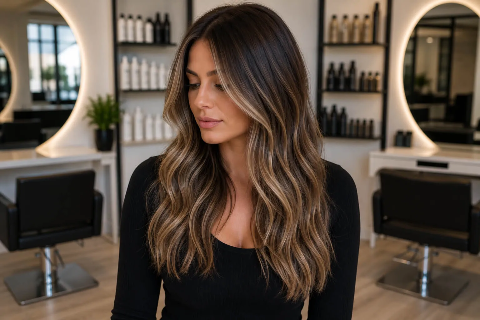 Model with dimensional brunette lived-in color featuring soft balayage and blended highlights.