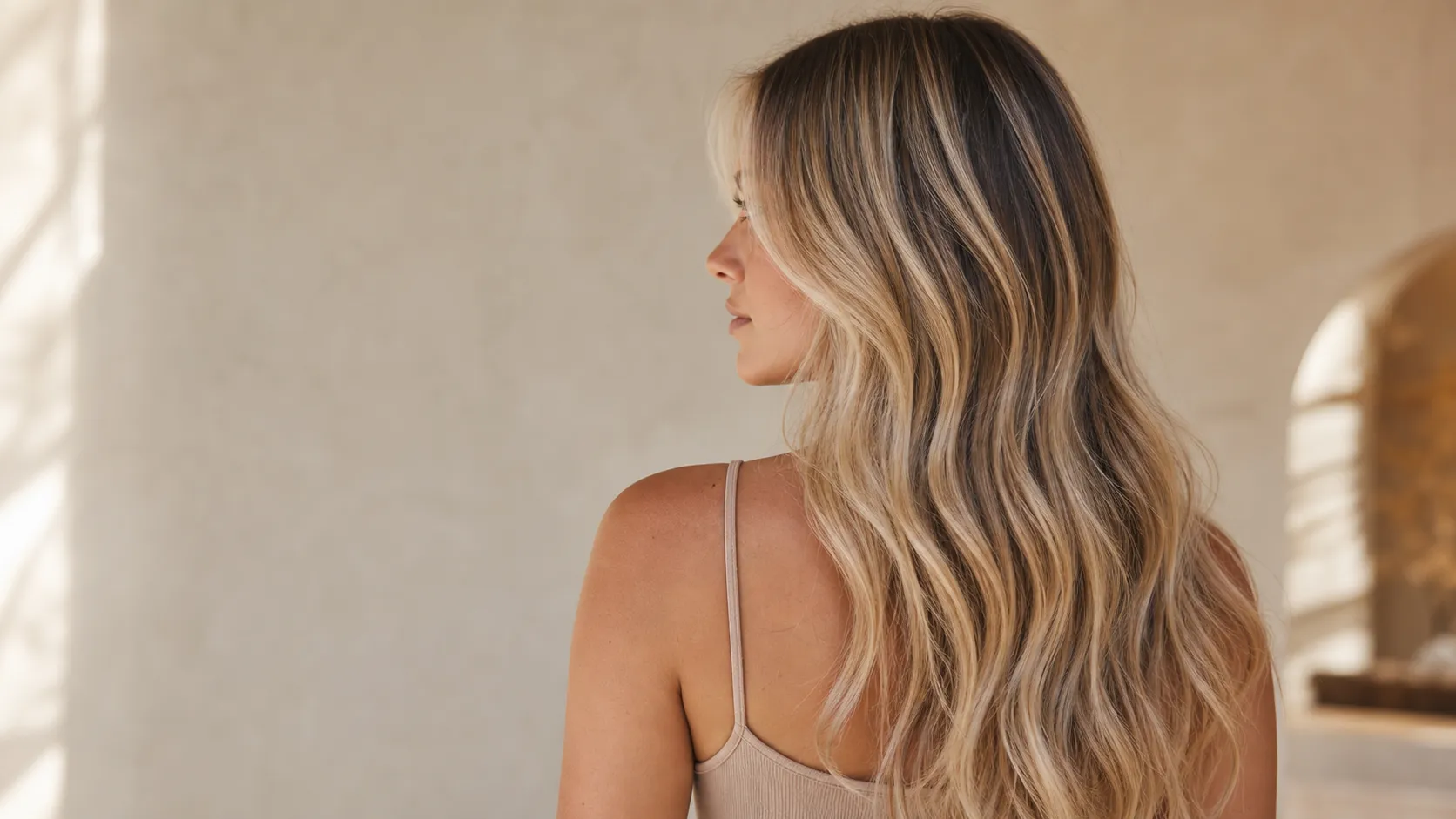 Long wavy lived-in blonde hair with dark natural roots and softly blended champagne highlights.