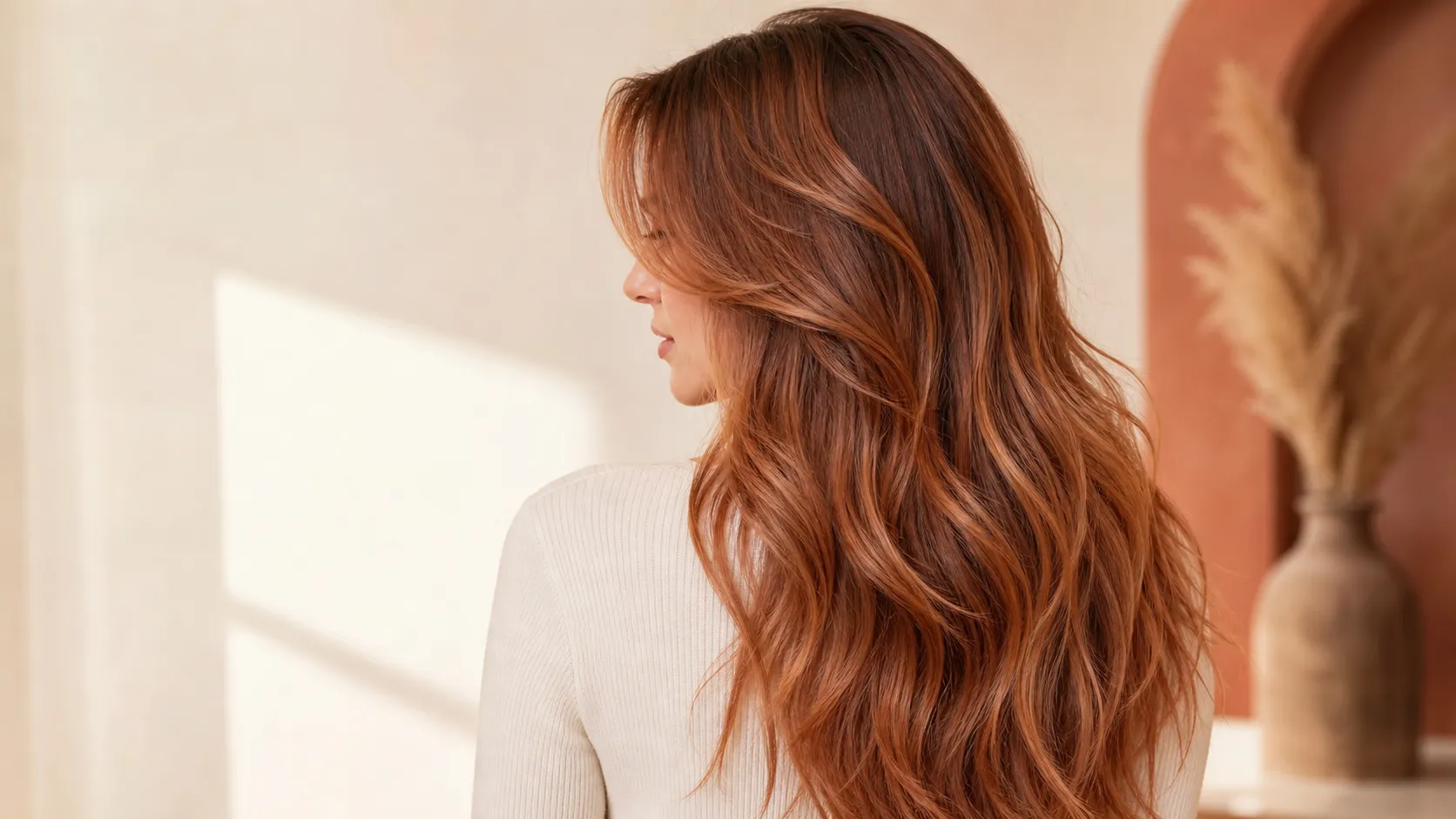 Long wavy copper hair with blended auburn, cinnamon, and peach-toned dimension.