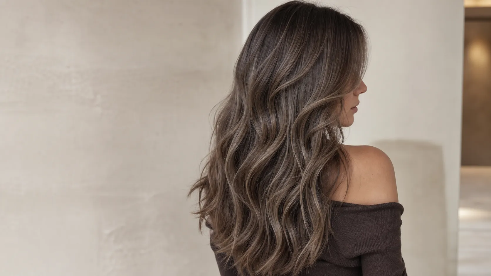 Long wavy mushroom-brown hair with cool taupe and muted ash-beige highlights.
