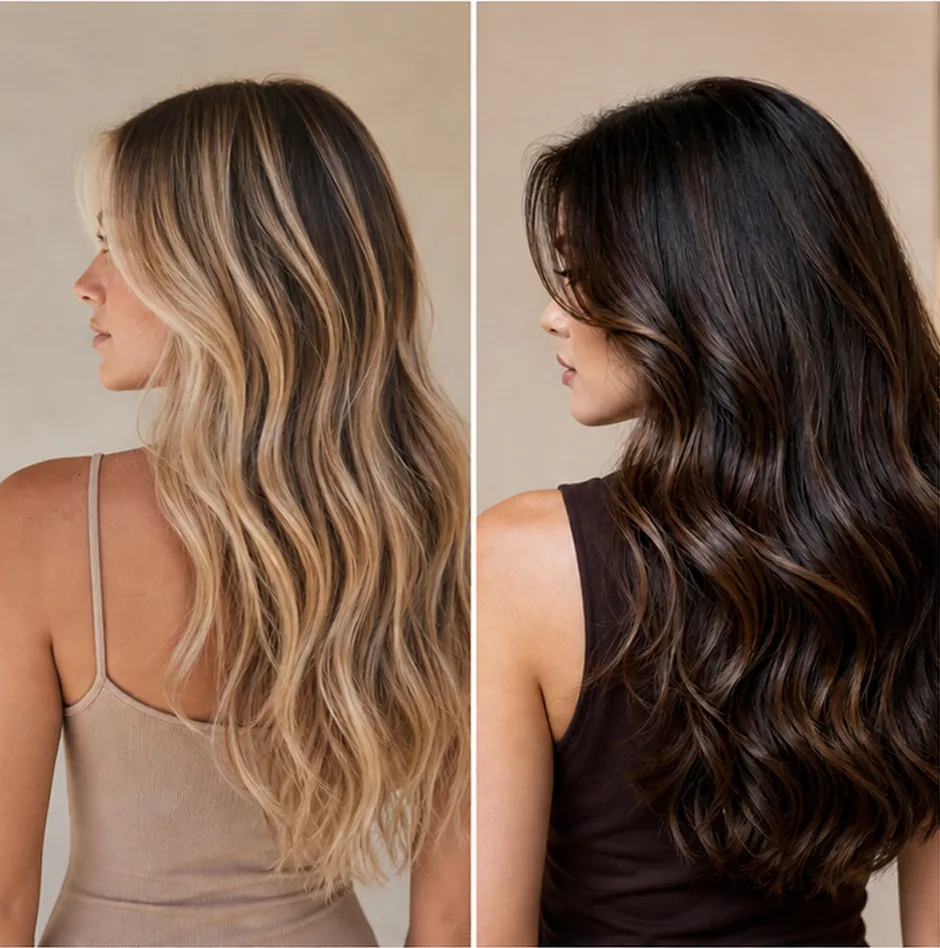 Side-by-side comparison of long, wavy lived-in blonde and glossy chocolate brunette hair.