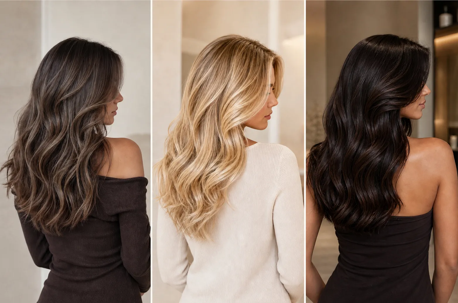Three dimensional hair-color looks featuring mushroom brown, buttery blonde, and rich espresso brunette.