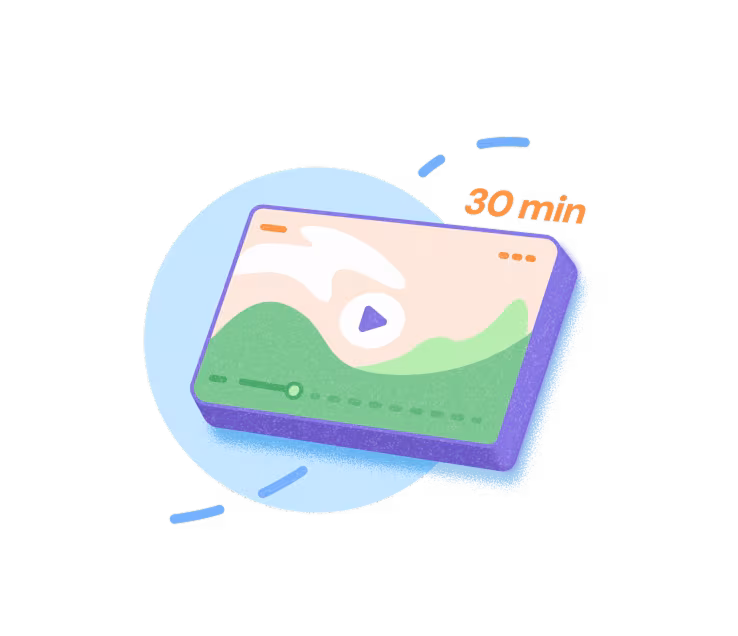 Illustration of a video player screen with landscape image and 30 min duration label.