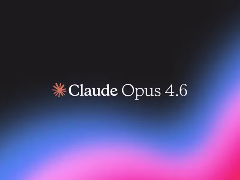 Logo estrella y texto «Claude Opus 4.6» sobre fondo negro con degradado azul-rosa