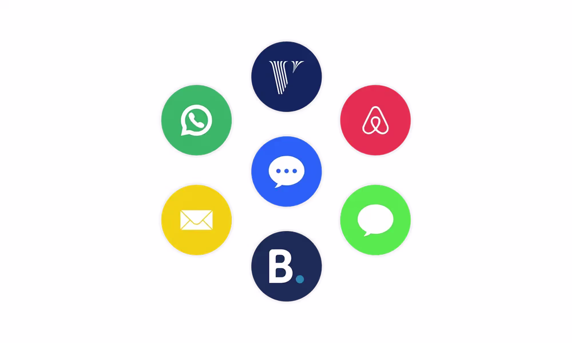 Icônes WhatsApp, Airbnb, Booking, e-mail et SMS autour d'une bulle de chat