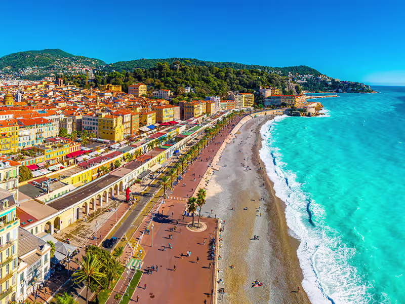 Aerial view of the Promenade des Anglais, the beach and turquoise sea in Nice