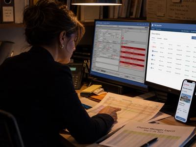 Property management concierge migrating booking data to a new PMS on a computer