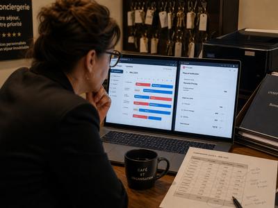 Gestionnaire de conciergerie comparant Biloki et Lodgify sur son ordinateur portable