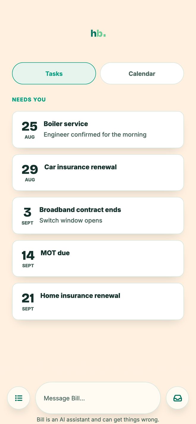 Tasks list showing upcoming household admin