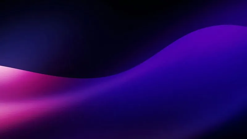 Abstract flowing waves in shades of purple, blue, and pink on a dark background.