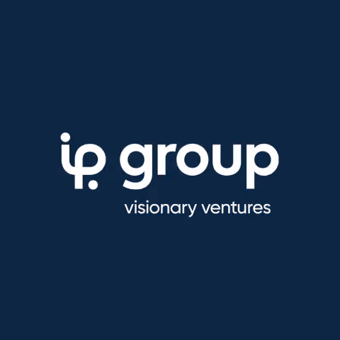 IP Group logo with text visionary ventures on a dark blue background.