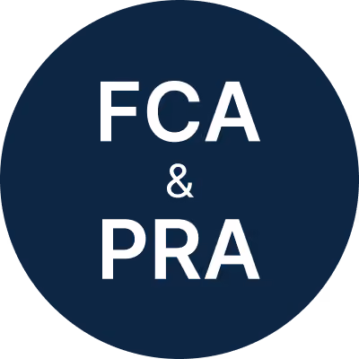 White text 'FCA & PRA' inside a dark blue circle.