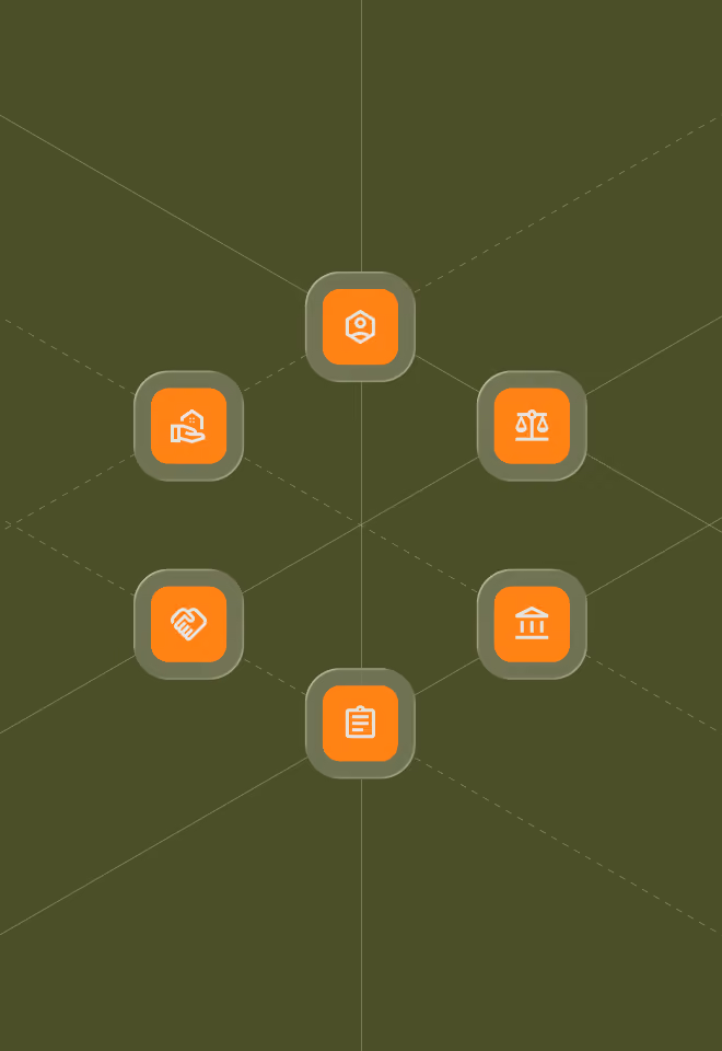 Six orange icons with white symbols arranged on a dark green background with faint grid lines.