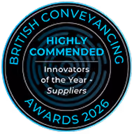 British Conveyancing Awards 2026 badge with Highly Commended Innovators of the Year Suppliers text.
