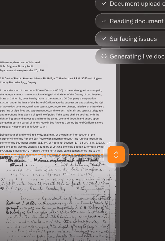 Digital document with typed and handwritten text alongside interface showing document upload steps and loading spinner.