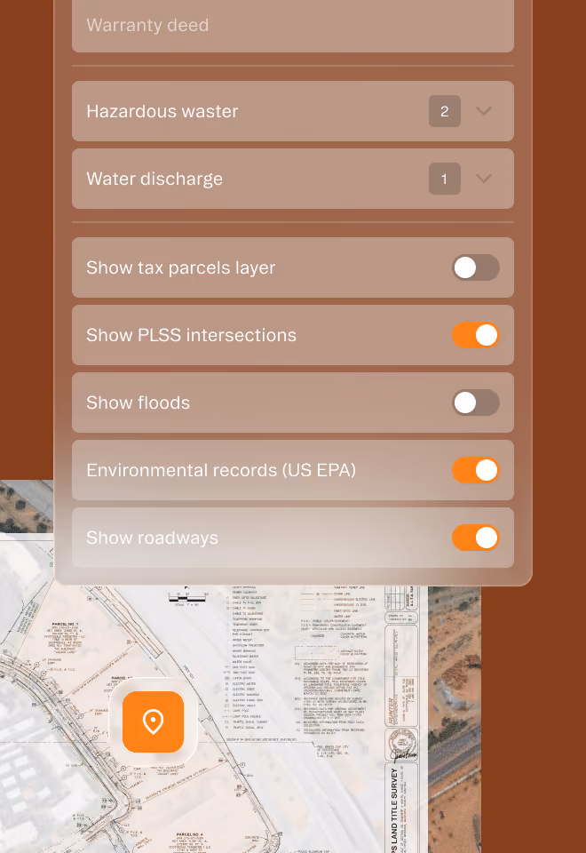 Map app interface showing toggles for environmental layers like tax parcels and roadways over a land survey map.