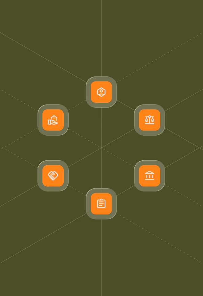 Network of six orange icons with symbols for handshake, clipboard, bank, scales, and buildings on green background.