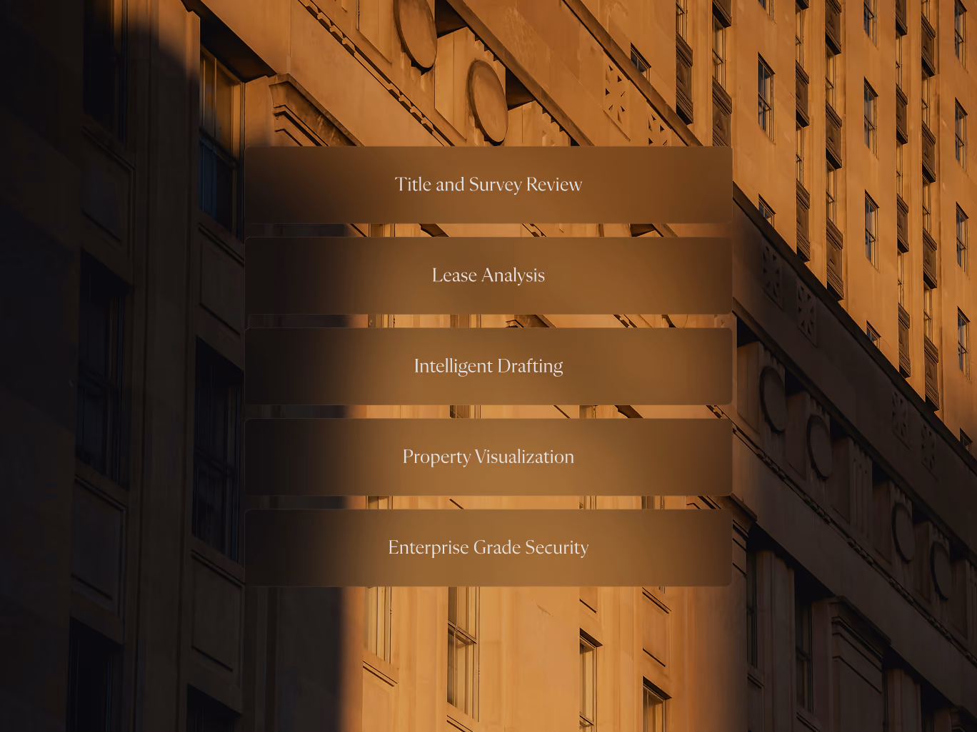 List of legal service features overlaid on a city building facade at sunset.