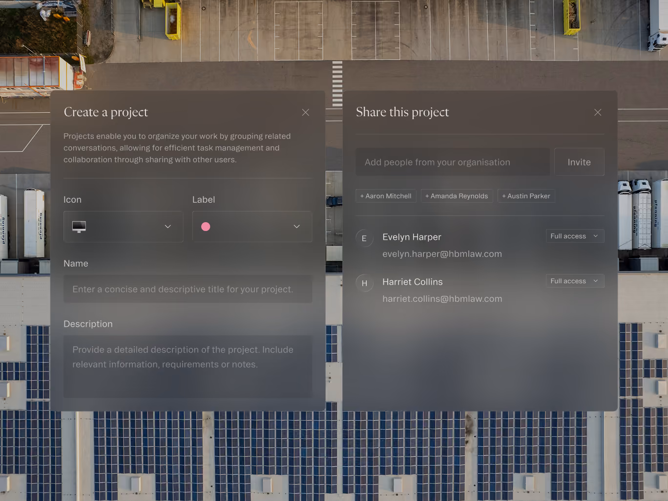 Overlay of project creation and sharing UI panels over aerial view of trucks and solar panels.