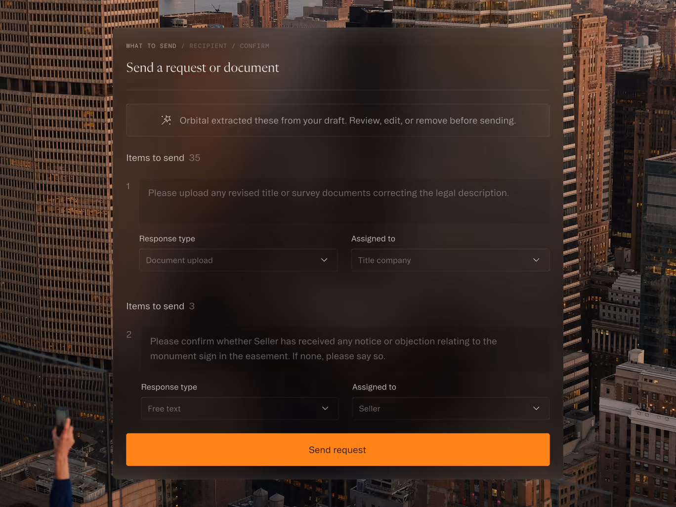 Interface for sending a request or document with fields for item details, response type, assignee, and a send button.