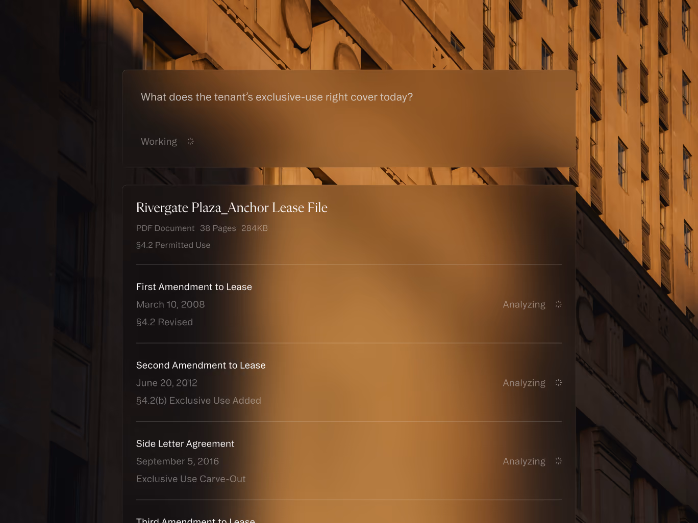 User interface showing analysis of lease documents for Rivergate Plaza with status indicators.