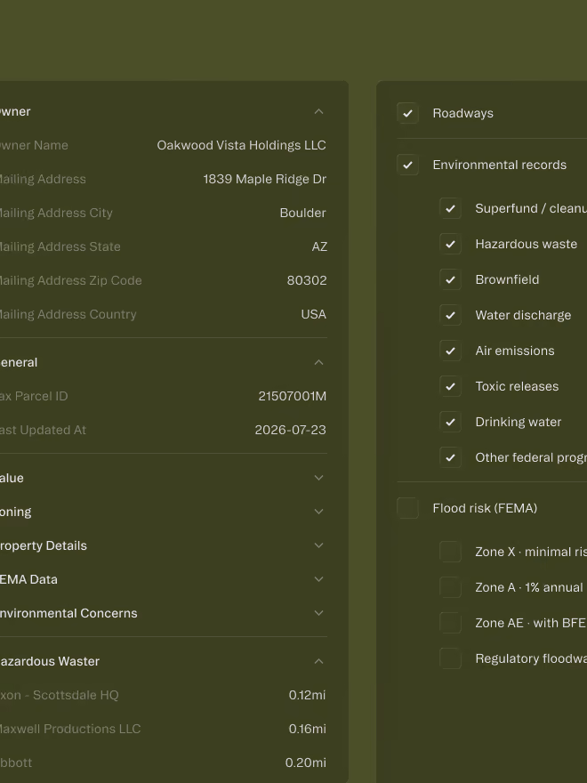 Property details and environmental concerns checklist including owner info, parcel ID, and hazard waste distances.