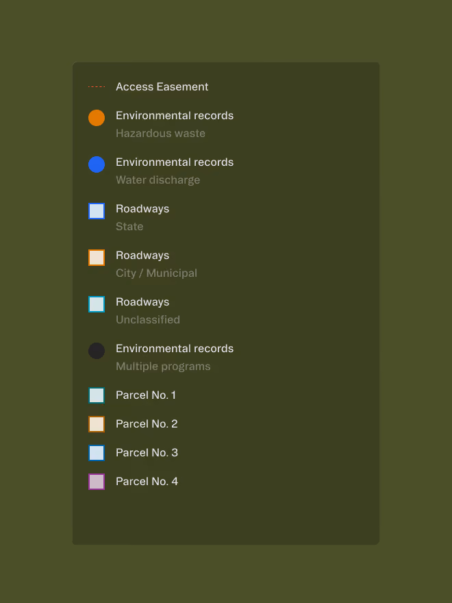 Legend with colored dots and squares indicating easements, environmental records, roadways, and parcel numbers.