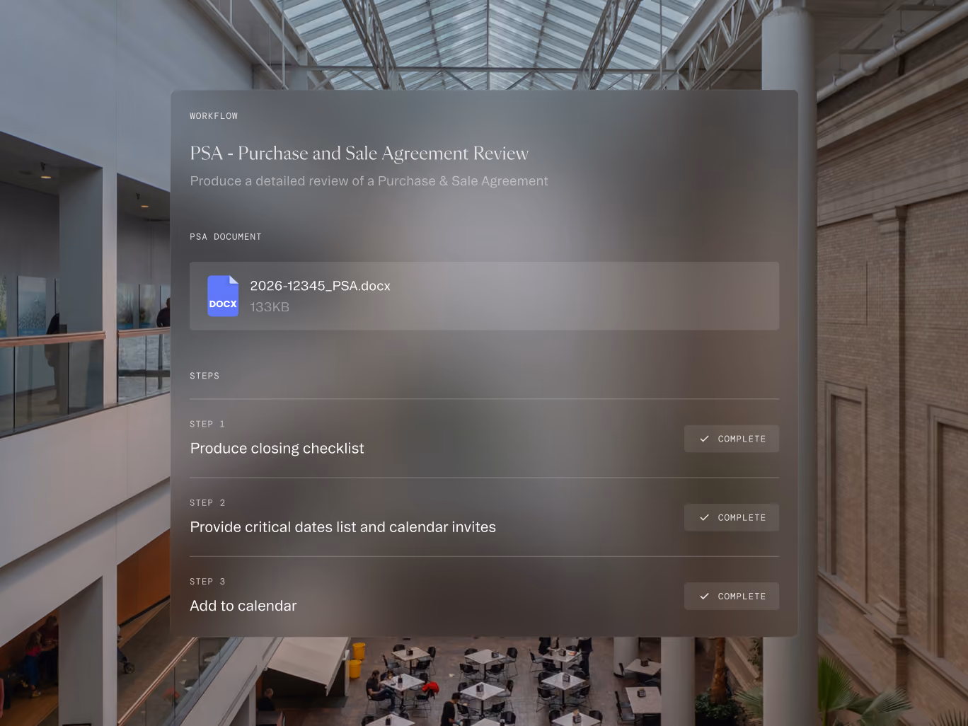 Workflow screen for PSA review showing document named 2026-12345_PSA.docx and three completed steps.