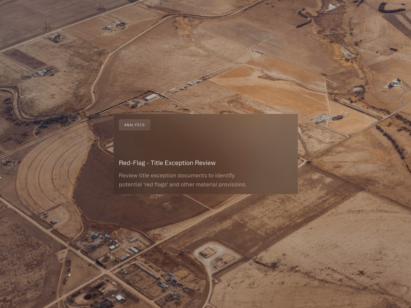 Aerial view of brown fields and roads with an overlay box titled 'Red-Flag - Title Exception Review.'