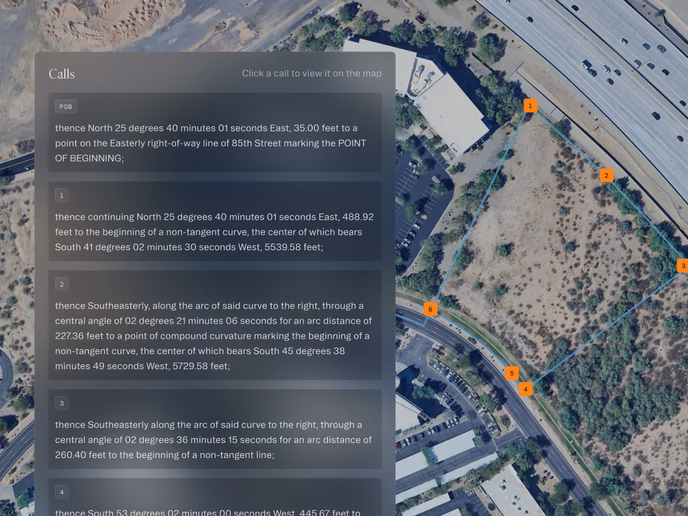 Satellite map of land with six orange numbered points outlining a polygon and legal description text on left.