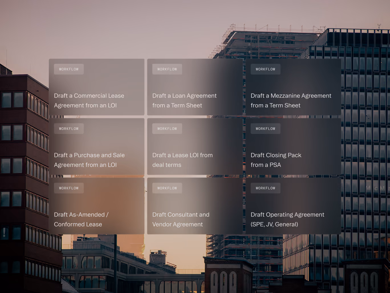 Nine workflow cards listing different draft agreements like lease, loan, mezzanine, sale, and operating agreements.