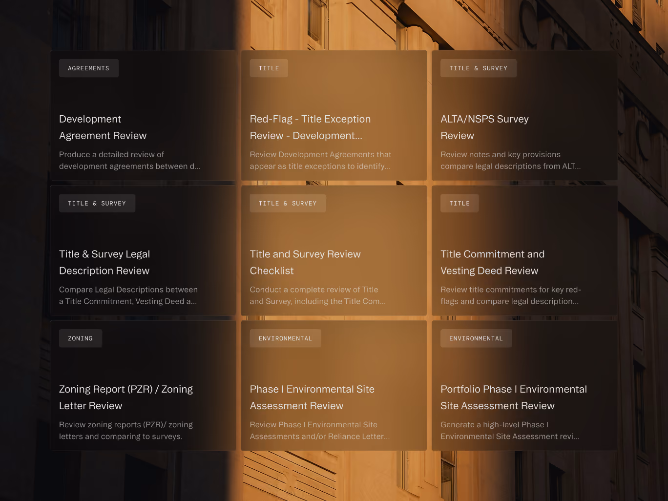 Nine real estate review service cards including Development, Title & Survey, Zoning, and Environmental reviews.