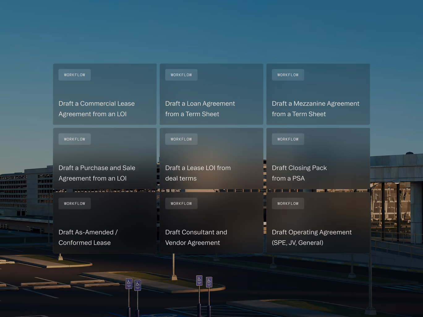 Nine workflow cards against a cityscape, each describing drafting legal agreements and leases.