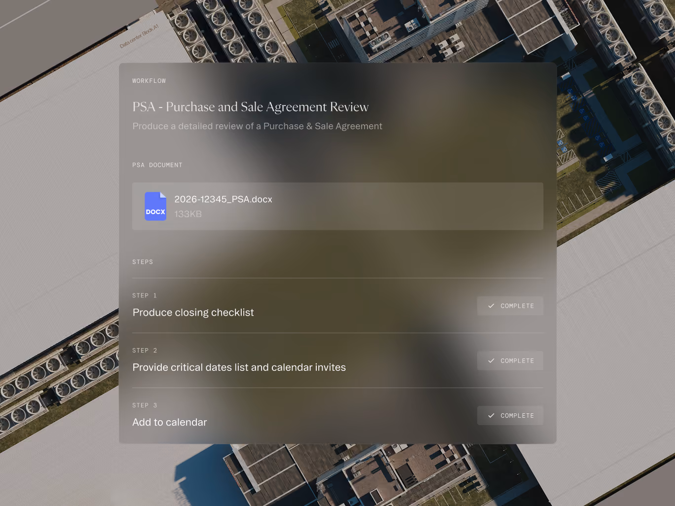 Interface showing a PSA Purchase and Sale Agreement review workflow with a document and three completed steps.