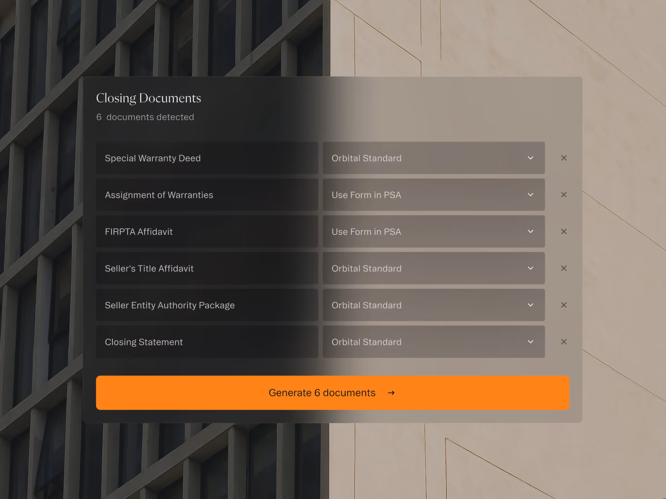 Interface showing six closing documents with titles and format options, plus a button to generate them.
