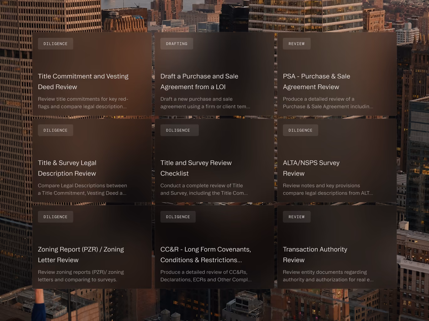 Nine overlays with real estate review tasks such as title, survey, zoning, covenants, and transaction authority.