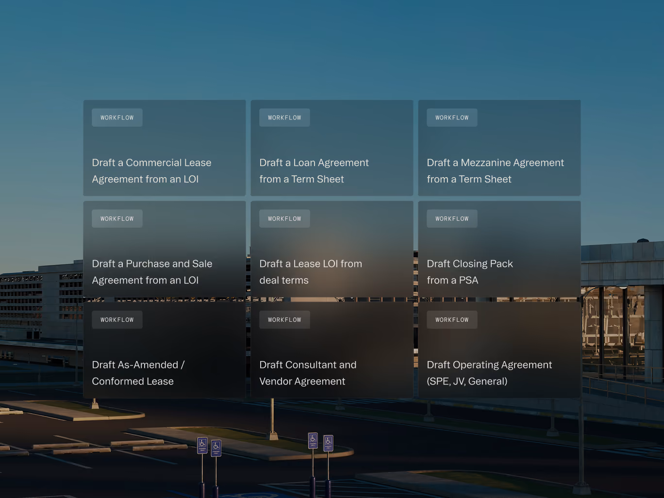 Nine workflow cards listing various draft agreements like commercial lease, loan, mezzanine, and operating agreements.
